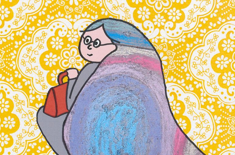 Illustratie van een oma met een tasje op schoot en heel lang veelkleurig haar