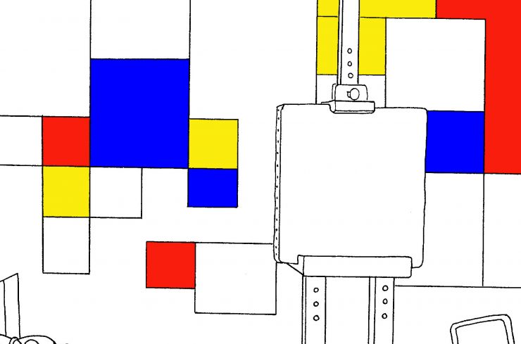 Illustratie van werk van Mondriaan met schildersezel ervoor