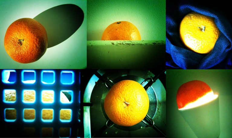 Zes sinaasappels op verschillende wijze gefotografeerd, voorbeeld uit de les "Fotoliegen"