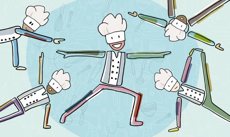 Illustratie van een dansende kok, het lespakket Hap Slik Dans gebruikt een denkbeelding restaurant als inspiratie voor dans