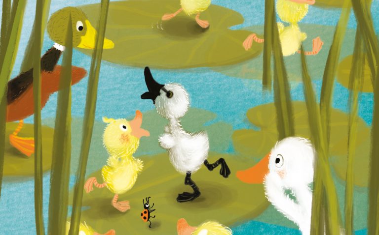 Illustratie van dansende eenden bij gastles "Ella, het swingende eendje"
