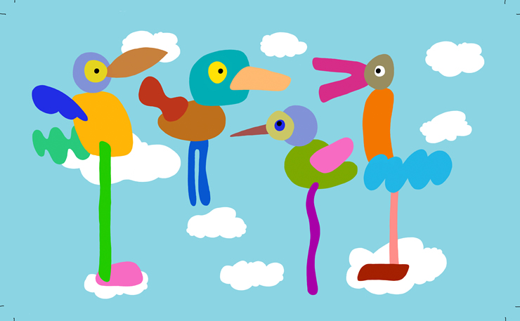 4 getekende vogels op wolkjes op een blauwe achtergrond
