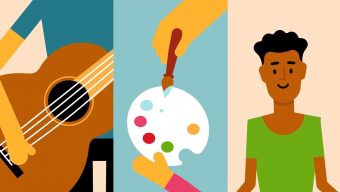 Illustratie van verschillende kunstvormen: een gitaar, een schilders palet en een jongen die acteert