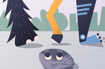 Illustratie van een steen die wezens uit verschillende tijdsperioden voorbij ziet lopen, dit hoort bij de les over het boek De steen en de tijd Kinderboekenweek 2020