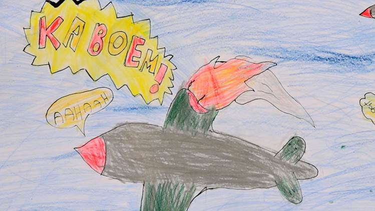 Een leerling uit groep 8 heeft een bommenwerper getekend in het kader van de lessenreeks Kaboem!