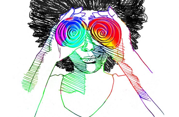 Illustratie "Ik zie jullie" van Brian Elstak: Een vrouw kijkt door een verrekijker die alle kleuren van de regenboog heeft