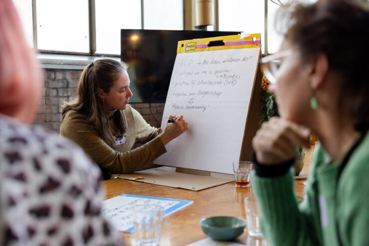 Vrouw schrijft op flip-over. Andere personen zitten om de tafel erbij.