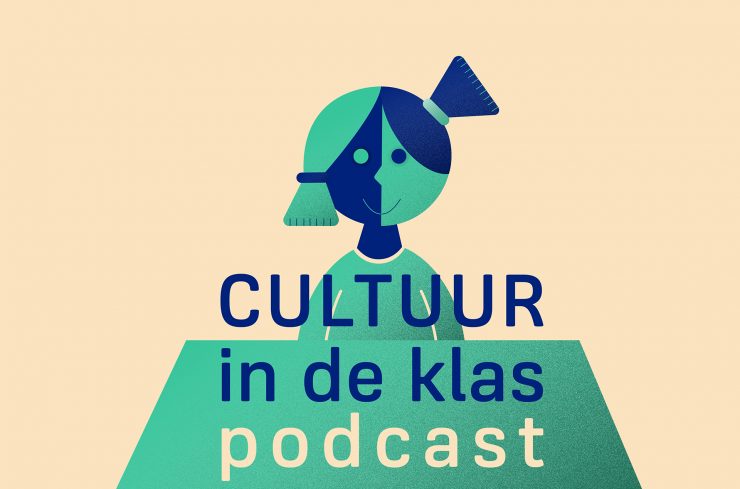 Logo van de podcast Cultuur in de klas, je ziet een kubistisch vormgegeven leerling achter een tafeltje