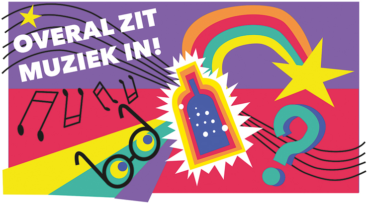 Bont gekleurde illustratie van muzieknoten, een bril, een fles, een regenboog en een vraagteken met de tekst: Overal zit muziek in