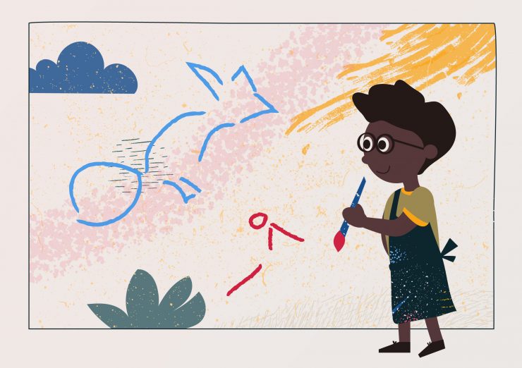 Illustratie van een jongetje met een schort voor dat een groot schilderij maakt, in het kader van Kinderboekenweek 2021