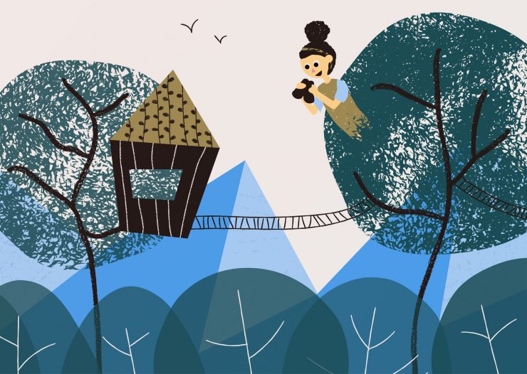 Illustratie van een meisje met een verrekijker hoog in een boom met een loopbrug naar de boom ernaast waar een hut in zit, in het kader van Kinderboekenweek 2021