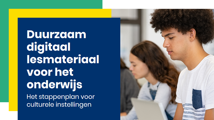 Leerlingen met laptop in de klas, daarnaast de tekst: Duurzaam digitaal lesmateriaal voor het onderwijs