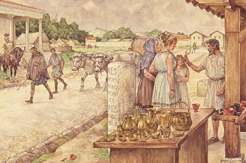Afbeelding van Romeinen op een markt uit de lesbrief Speuren naar Romeinse sporen voor basisscholen in Katwijk