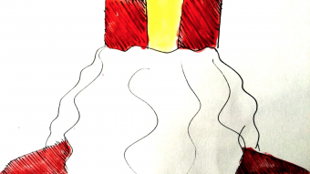 Sinterklaas vanaf de rug gezien, illustratie Brian Elstak, onderdeel van de burgerschapsles Sint + Piet