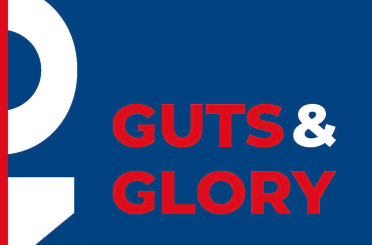 Tekst Guts & Glory in rode letters op blauwe achtergrond