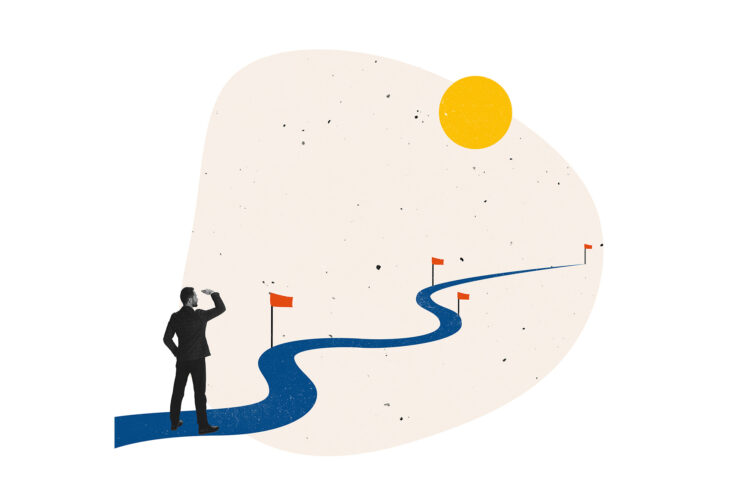 Een collage van een weg die naar de horizon loopt. Met rode vlaggen erlangs. De zon is te zien.