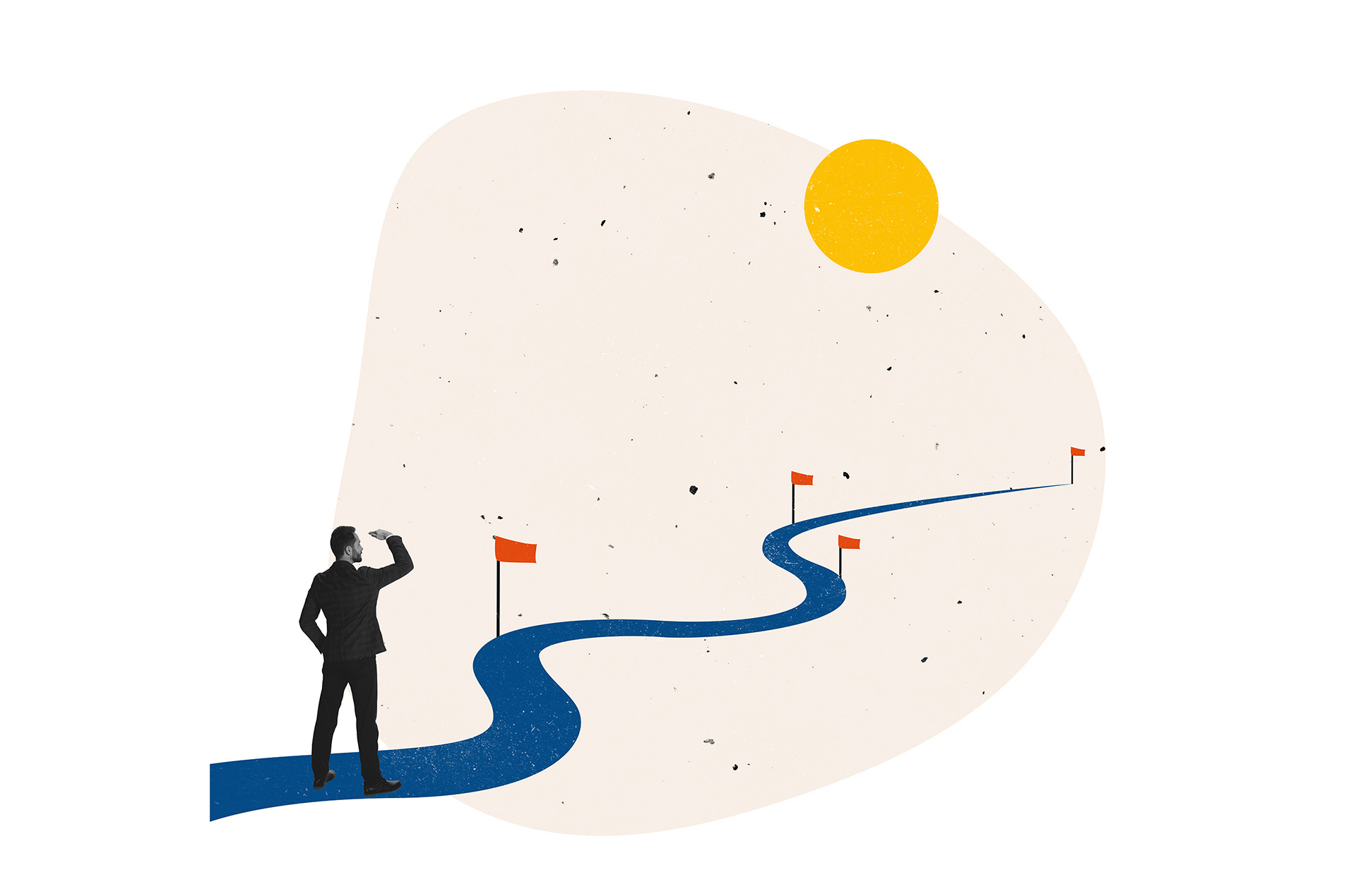 webinarreeks lobbyen voor een locatie Een collage van een weg die naar de horizon loopt. Met rode vlaggen erlangs. De zon is te zien.