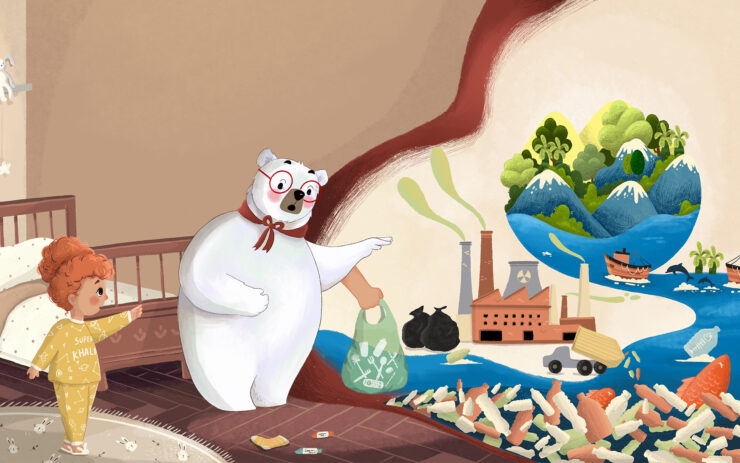 Een ijsbeer laat de klimaatproblemen zien in de wereld aan een klein meisje. Afbeelding uit het boek 'Oh nee, Mika het Monster!'