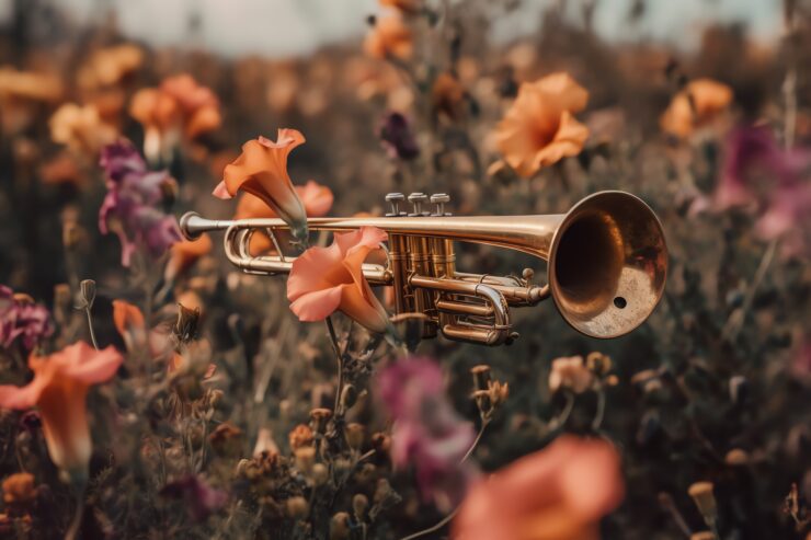 Een trompet in een grasveld vol bloemen.