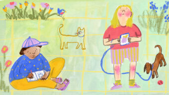 Illustratie van 2 kinderen met hondje en kat buiten op een grasveld.