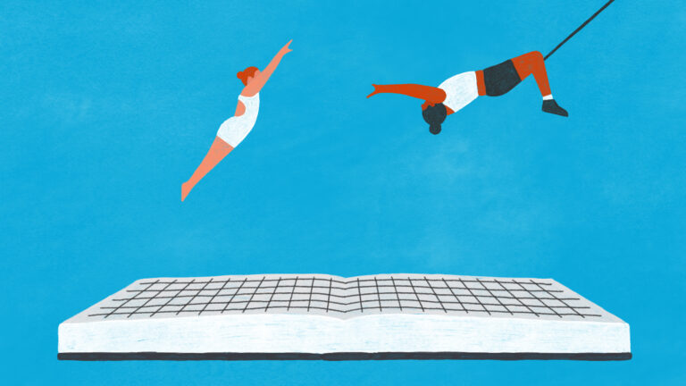illustatie: 2 acrobaten vliegen door de lucht, daaronder een boek met een vangnet