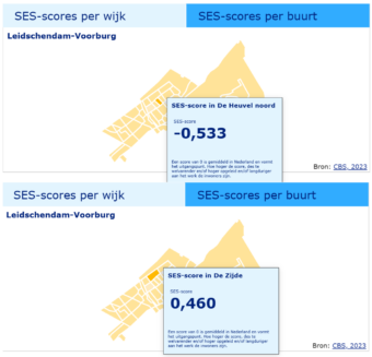 Een kaartje met de SES-score per buurt in Leidschendam-Voorburg