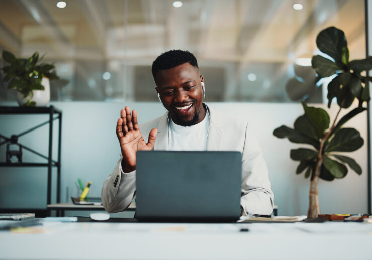 Creative agency, video call and man with laptop,