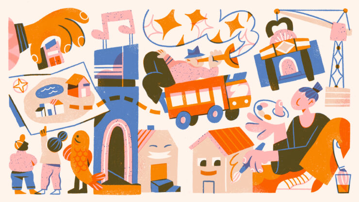 Illustratie van diverse gebouwen, vervoersmiddelen en figuren.