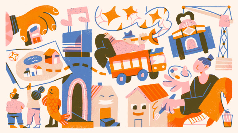 Illustratie van diverse gebouwen, vervoersmiddelen en figuren.